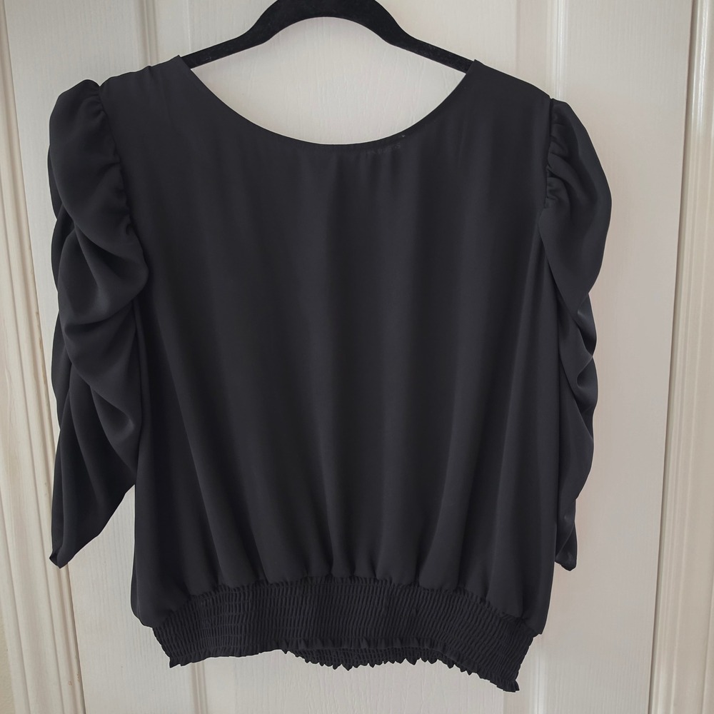 Express Black Ruched Puff Sleeve Smocked Waist Blouse Scoop Neck Top
